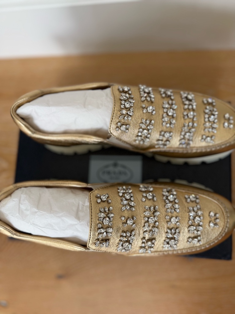 Beautiful Prada Metallic Gold Crystal-Strap Leather Loafers - US 10/EU 40 - NWOT - Picture 5 of 9